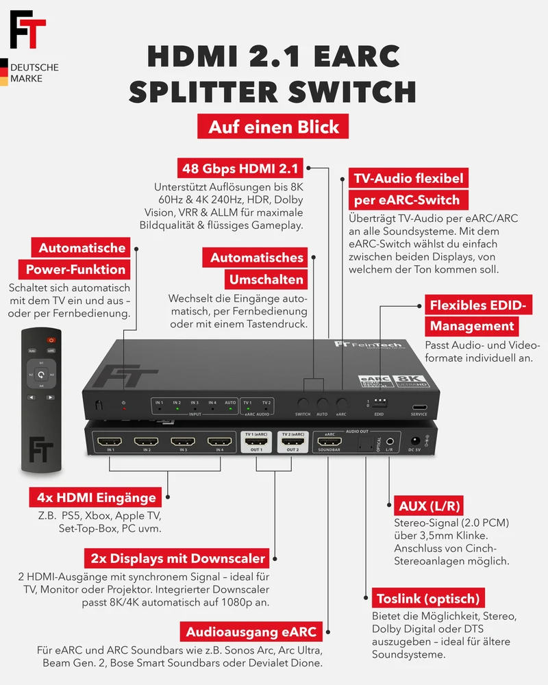 AX341 HDMI 2.1 eARC Splitter Switch 4 In 2 Out mit Audio Extractor (eARC-Soundbar, Optical & AUX)
