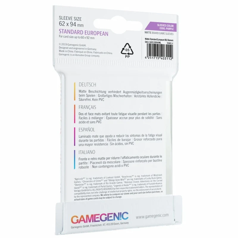 Gamegenic Matte Board Game Sleeves Standard European Sized 62mm x 94mm 50pc
