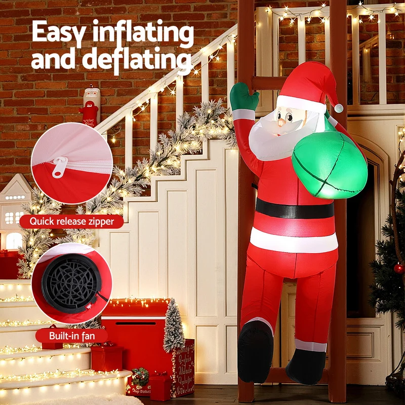 Jingle Jollys Christmas Inflatable Santa Climbing Ladder 2.45M Height LED Decorations Illuminated