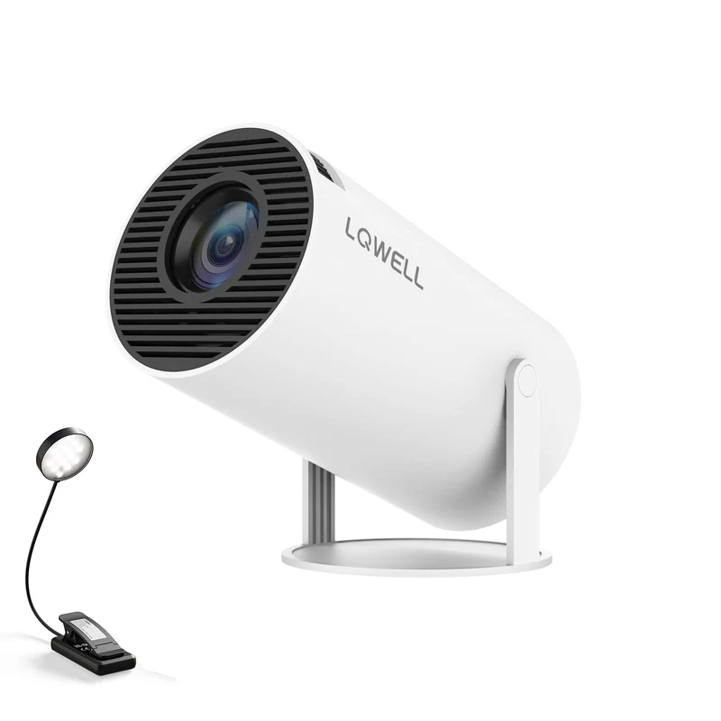 LQWELL® HY300 PRO Mini Beamer + Buchleuchte Kombination, 4K 1080P Unterstützung, Android 11, kabellose Projektion, unterstützt Airplay Miracast, mit WiFi Bluetooth, tragbarer Projektor