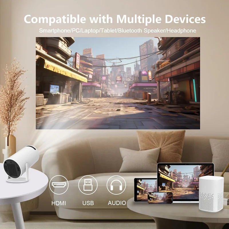 LQWELL® HY300 PRO Mini Beamer + Solar Lichterkette Kombination, 4K 1080P Unterstützung, Android 11, kabellose Projektion, unterstützt Airplay Miracast, mit WiFi Bluetooth, tragbarer Projektor