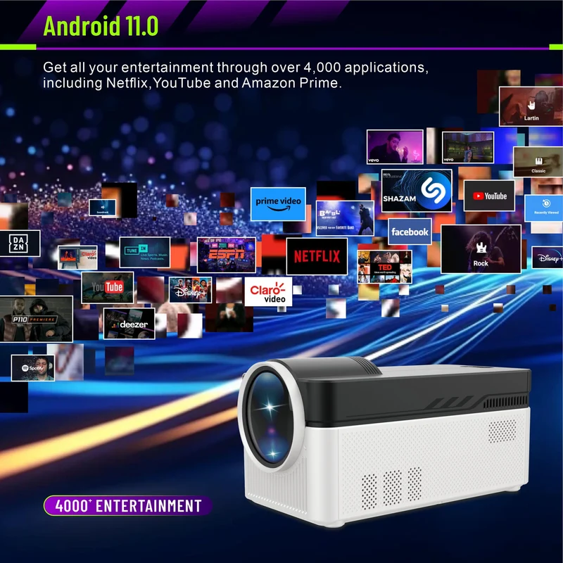 LQWELL® Beamer, Heimkino Projektor 1080P, unterstützt WiFi 6, BT5.4, 8K-Wiedergabe mit Android OS, 200 Zoll Display, Motorisierter Fokus, Bildschirmversatz für Phone/PC/Xbox, hdmi, USB, AC