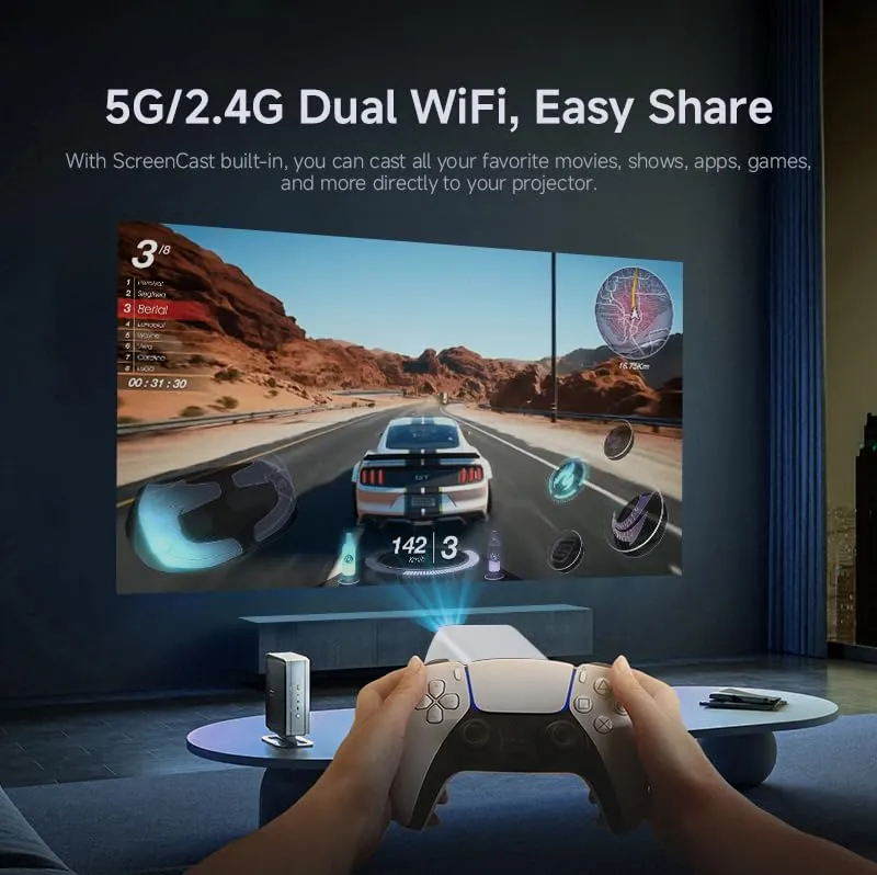 LQWELL® Beamer, Heimkino Projektor 1080P, unterstützt 5G WiFi, BT5.2 mit Android OS, 230 Grad Winkel, 120 Zoll Display, Motorisierter Fokus, für Phone/PC/Xbox, hdmi, USB