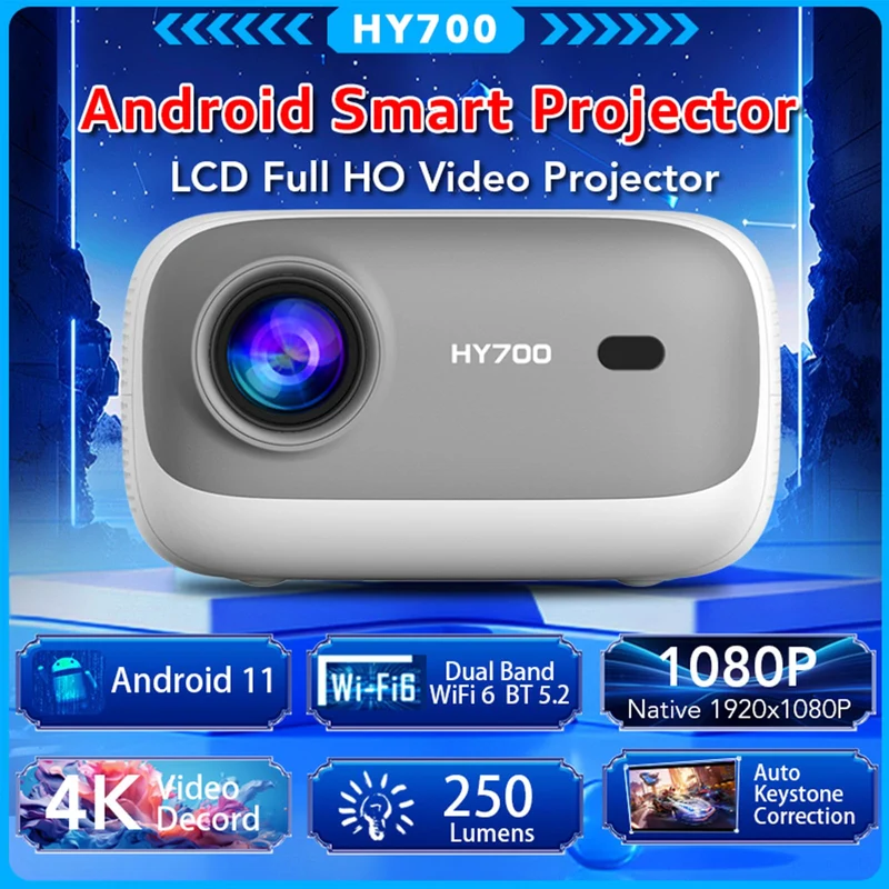 LQWELL® Beamer, HY700 Heimkino Projektor 1080P, unterstützt WiFi 6, BT5.2 mit Android OS, 120 Zoll Display, Motorisierter Fokus, für Phone/PC/Xbox, hdmi, USB
