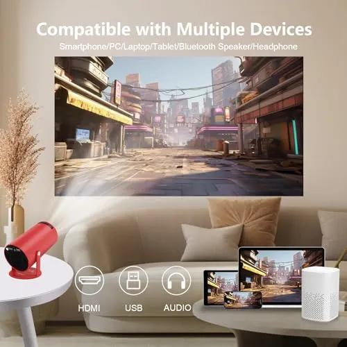 LQWELL® HY300 Mirror Mini Beamer, Native 720P, 4K 1080P Unterstützung, mit HDMI-, USB- und 3,5mm-Anschlüssen, kabelgebundene Bildschirmspiegelung, tragbarer Heim- und Outdoor-Projektor, Rot
