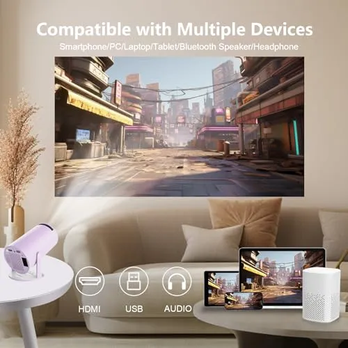 LQWELL® Beamer, Mini Projektor, unterstützt WiFi 5G & BT5.0, Automatische Trapezkorrektur, 220-Grad-Winkel, 130-Zoll-Display für Phone/PC/Lap/Xbox/Stick, 4K Heimkino Beamer, Lila (Kein Android OS)