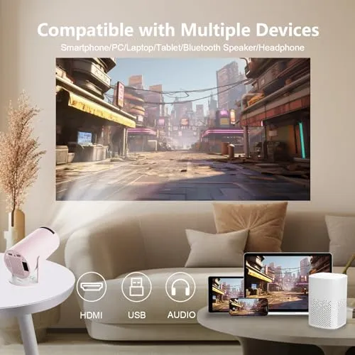 LQWELL® Beamer, Mini Projektor, unterstützt WiFi 5G, BT5.0 mit 11.0 Android OS, Automatische Trapezkorrektur, 220-Grad-Winkel, 130-Zoll-Display für Phone/PC/Lap/Xbox/Stick, 4K Heimkino, hdmi, Rosa
