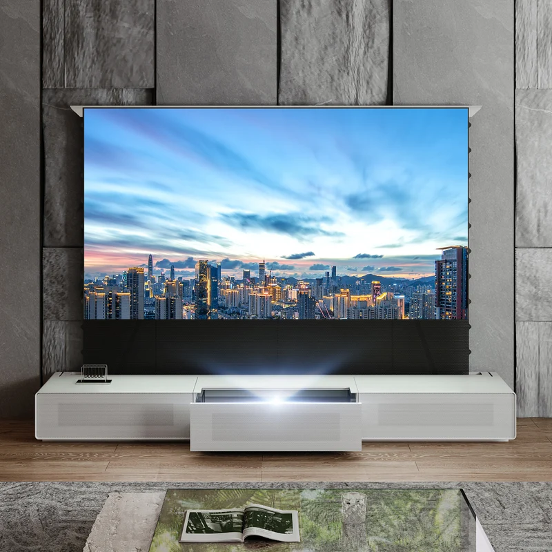 Shore UST Projector Matte Cabinet + Black Series Motorized Floor Rising Screen Bundle (Pre-Assembled）