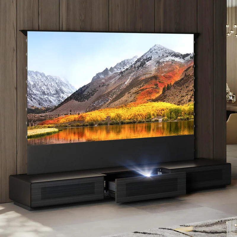 Shore UST Projector Matte Cabinet + Black Series Motorized Floor Rising Screen Bundle (Pre-Assembled）