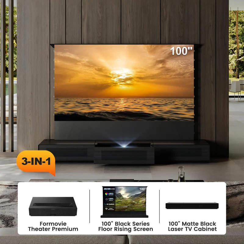 Shore UST Projector Matte Cabinet + Black Series Motorized Floor Rising Screen Bundle (Pre-Assembled）