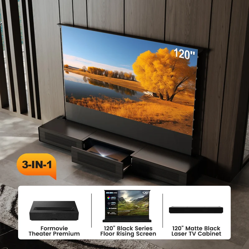 Shore UST Projector Matte Cabinet + Black Series Motorized Floor Rising Screen Bundle (Pre-Assembled）