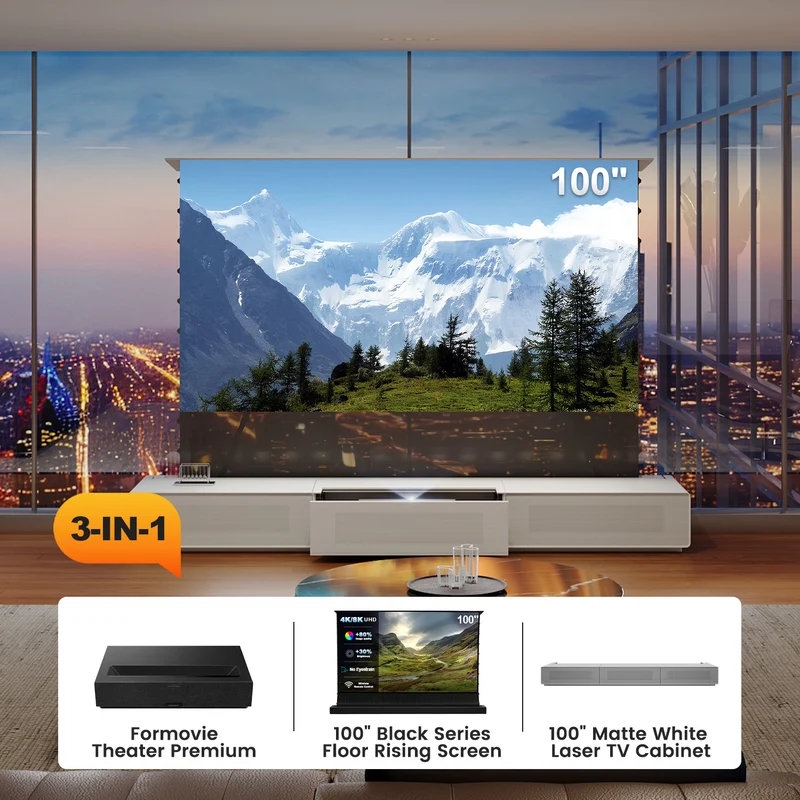 Shore UST Projector Matte Cabinet + Black Series Motorized Floor Rising Screen Bundle (Pre-Assembled）