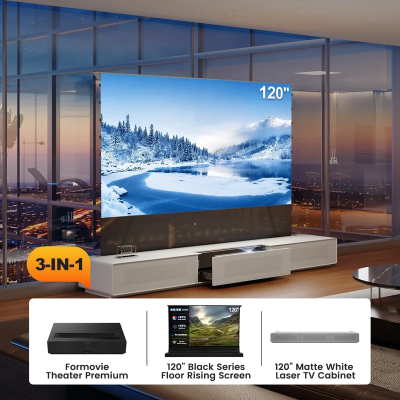 Shore UST Projector Matte Cabinet + Black Series Motorized Floor Rising Screen Bundle (Pre-Assembled）