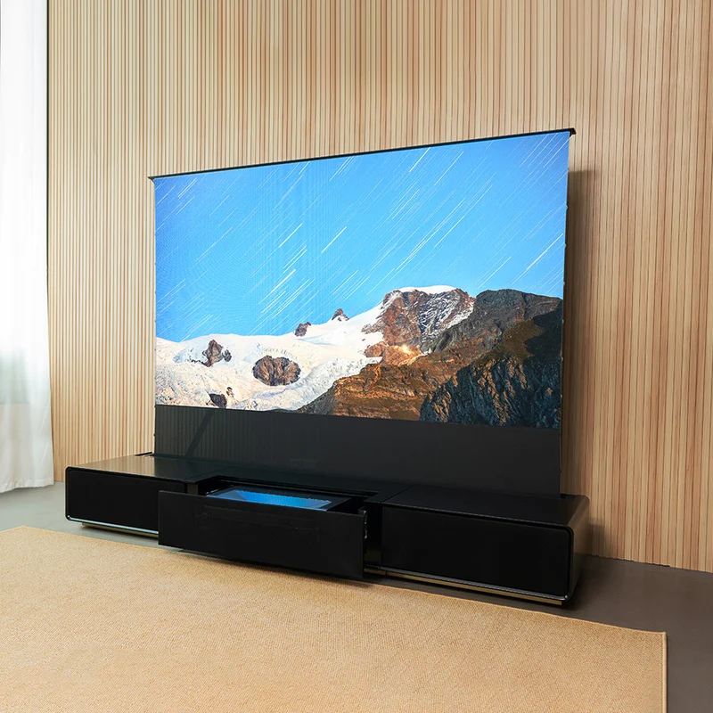 Shore UST Projector Matte Cabinet + Black Series Motorized Floor Rising Screen Bundle (Pre-Assembled）