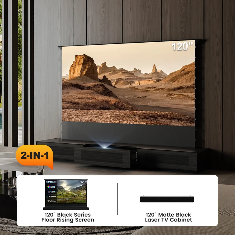Shore UST Projector Matte Cabinet + Black Series Motorized Floor Rising Screen Bundle (Pre-Assembled）