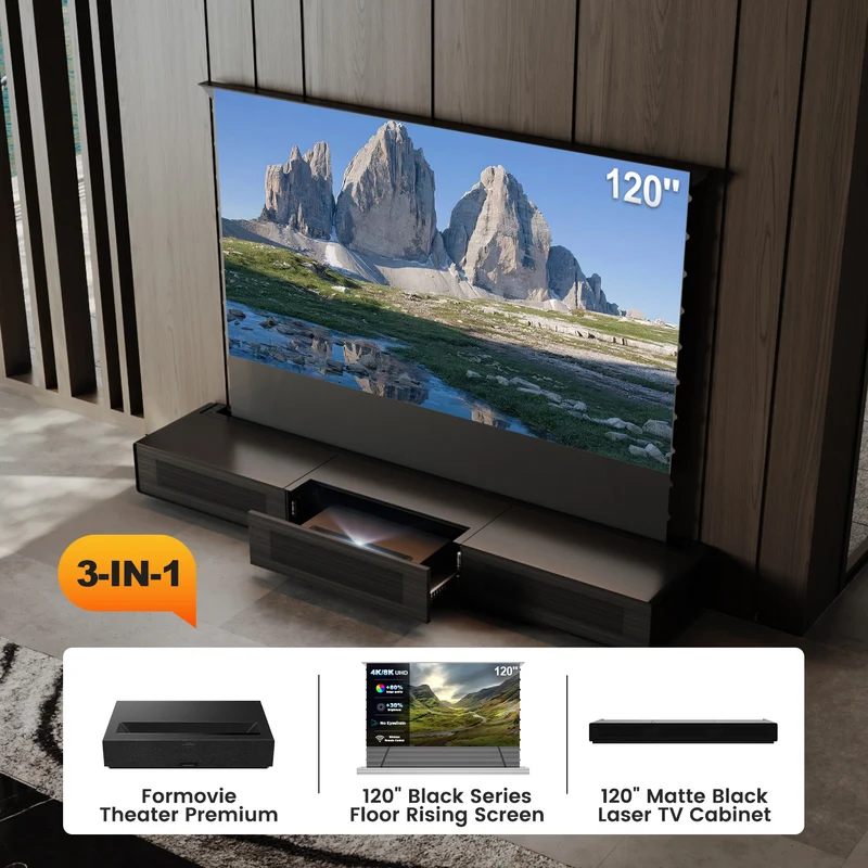 Shore UST Projector Matte Cabinet + Black Series Motorized Floor Rising Screen Bundle (Pre-Assembled）