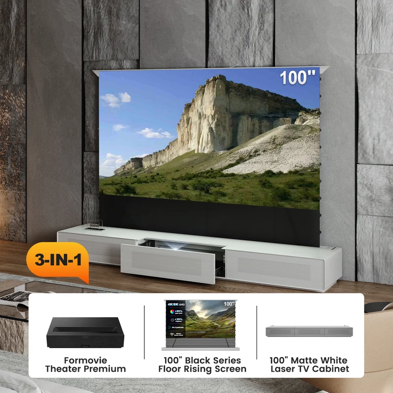 Shore UST Projector Matte Cabinet + Black Series Motorized Floor Rising Screen Bundle (Pre-Assembled）