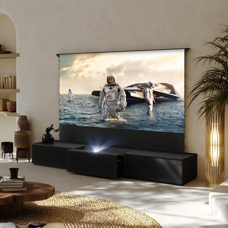 100"-120" Shore Black Motorized Laser TV Flat Pack Cabinet