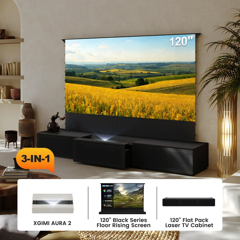 100"-120" Shore Black Motorized Laser TV Flat Pack Cabinet