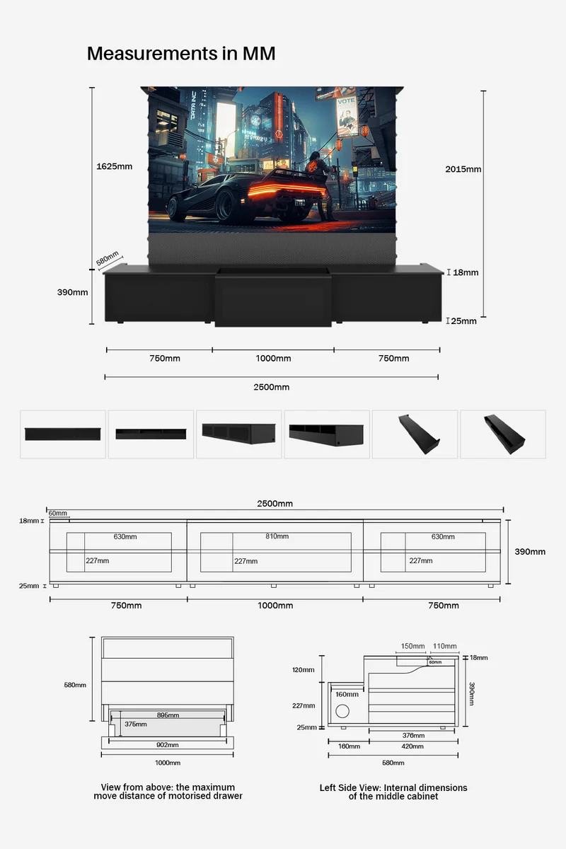 100"-120" Shore Black Motorized Laser TV Flat Pack Cabinet