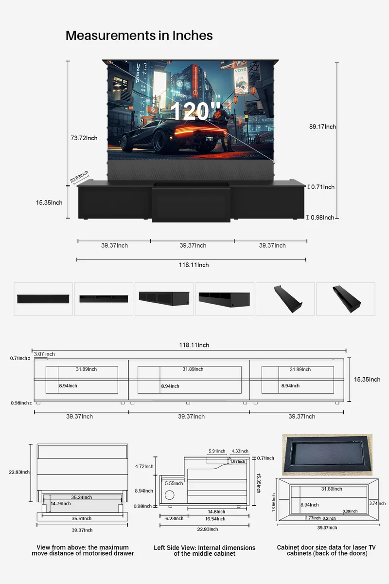 100"-120" Shore Black Motorized Laser TV Flat Pack Cabinet