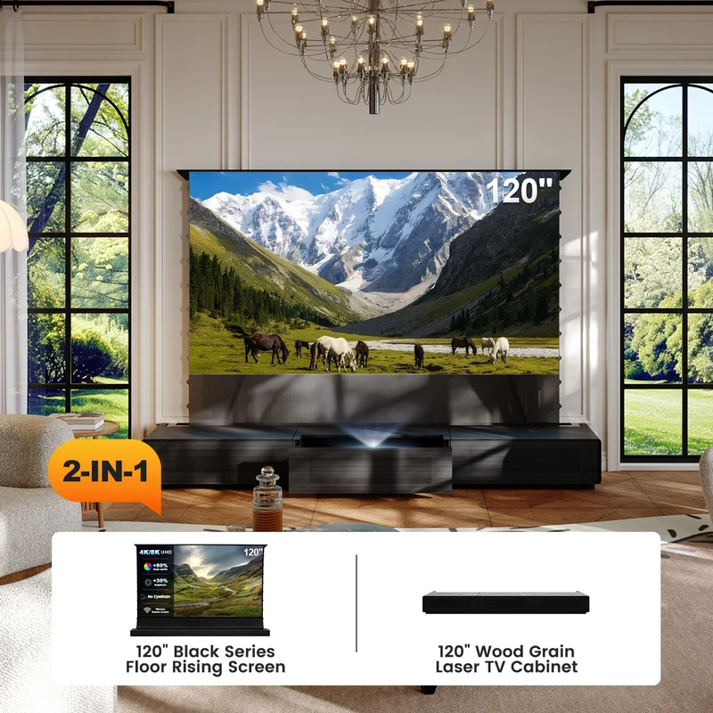Shore Wood Grain UST Projector Cabinet + Black Series Motorized Floor Rising Screen Bundle (Cabinet Pre-Assembled）