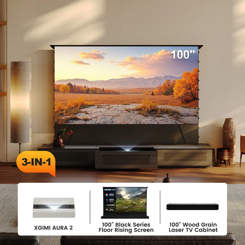 Shore Wood Grain UST Projector Cabinet + Black Series Motorized Floor Rising Screen Bundle (Cabinet Pre-Assembled）