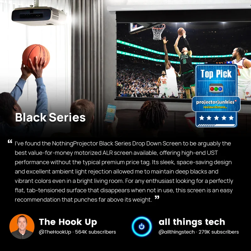 84"-120" NothingProjector Black Series Slimline Motorized Tension Drop Down 95% ALR Projector Screen