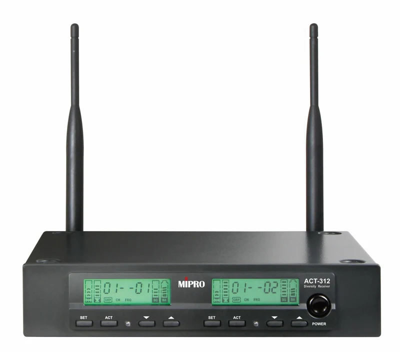 Mipro UHF Empfänger,UHF Diversity Empfänger, 2-Kanal,9,5"-Metallgehäuse, LCDDisplay, ACT-Funktion.