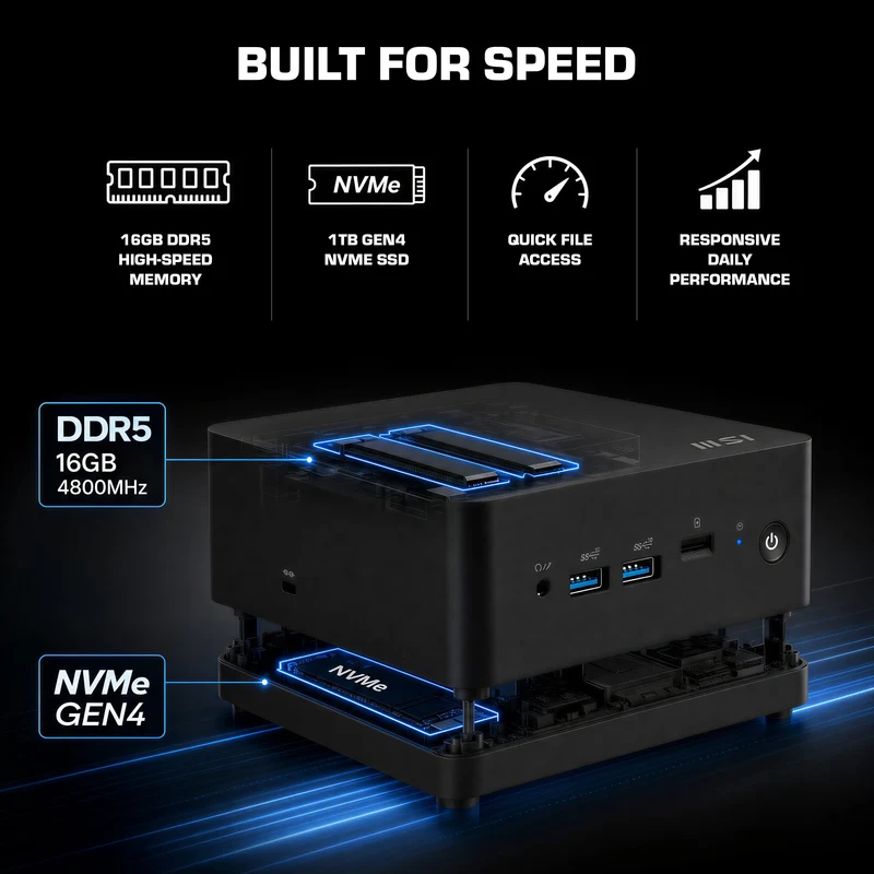 MSI CUBI NUC 1M, Intel Core 3-100U, 16GB RAM, 1TB SSD, Windows 11 Professional, Mini Desktop Computer