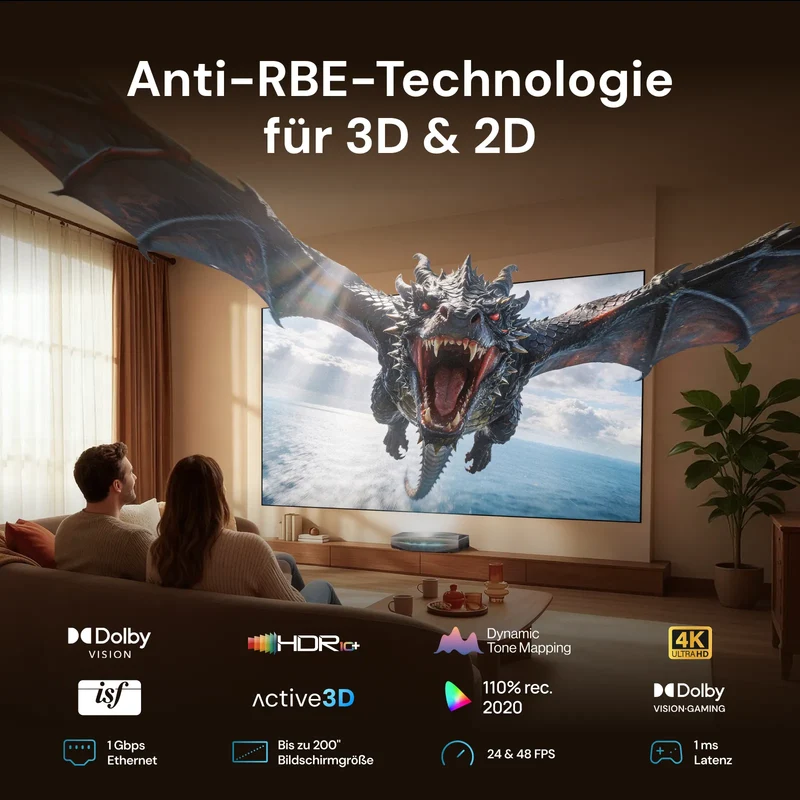 Aetherion Pro + 100''–200'' CineContrast Fixed-Frame-Leinwand in Soft-Grau