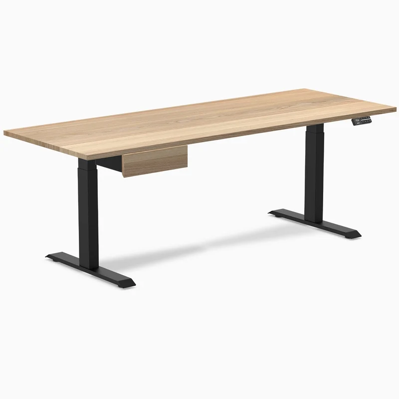 Desky Dual Hardwood Standing Desk With Drawer 200cm White Ash Desktop and Matte Black Frame