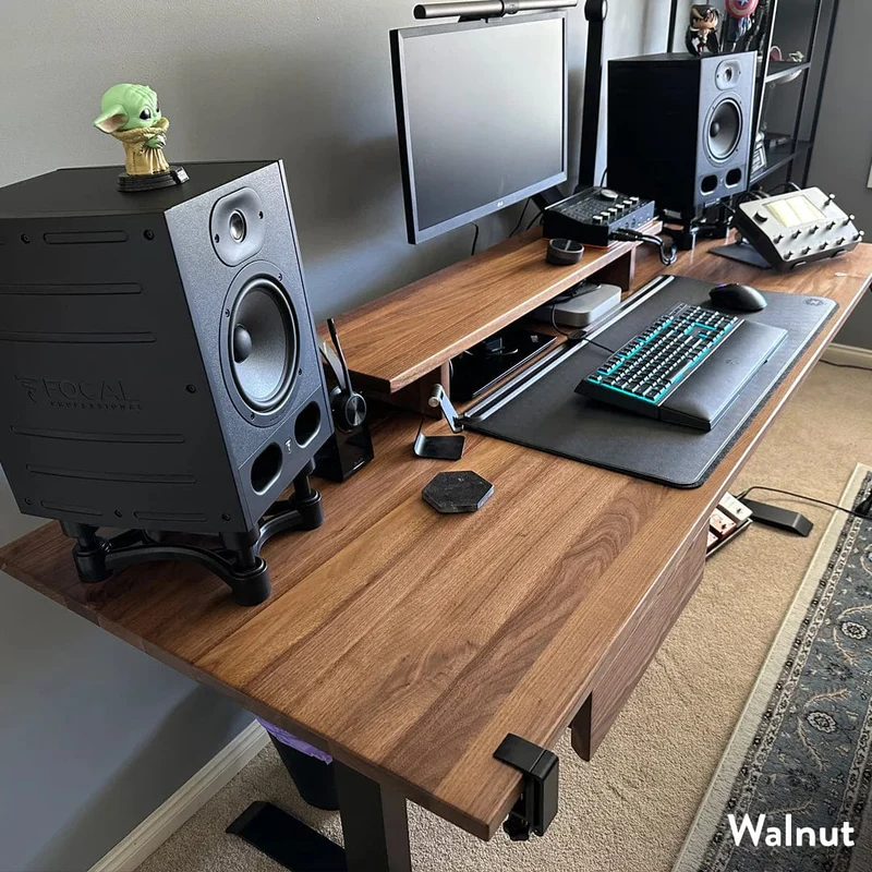Desky Dual Hardwood Standing Desk With Drawer 200cm Walnut Desktop and Matte Black Frame