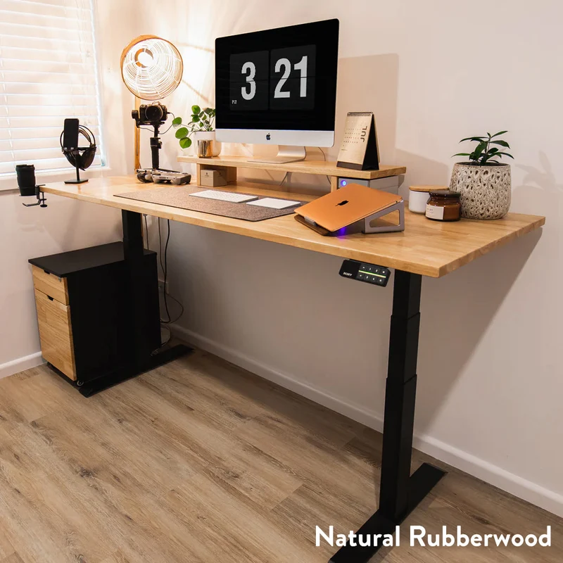 Desky Dual Rubberwood Sit Stand Desk 200cm Natural Timber Desktop and Matte Black Frame
