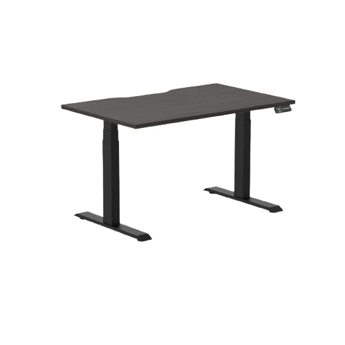 Desky Dual Scalloped Melamine Sit Stand Desk - Burnished Wood / 1200x750mm / Matte Black