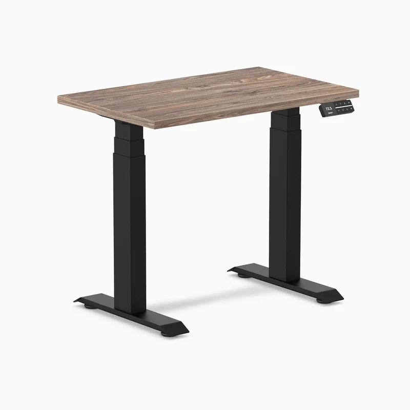 Desky Dual Mini Sit Stand Desk 800x500 Natural Walnut Desktop and Matte Black Frame