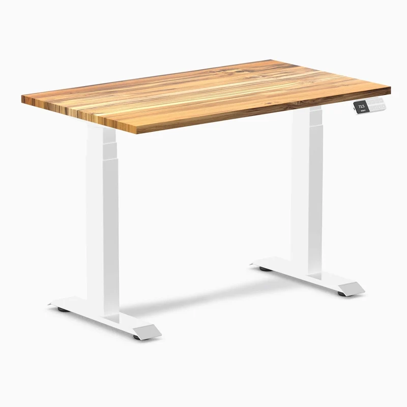 Desky Dual Mini Hardwood Sit Stand Desk 100cm Teak Desktop and White Frame