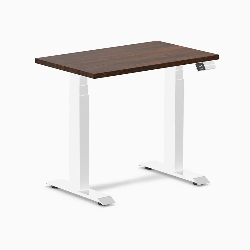 Desky Dual Mini Rubberwood Sit Stand Desk 80cm Dark Walnut Desktop and White Frame