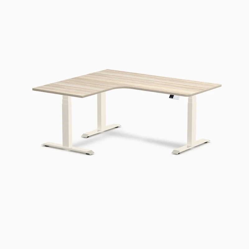 Desky L-Shape Melamine Sit Stand Desk 160cm - Left Return Classic Oak Top and Wheat Leg