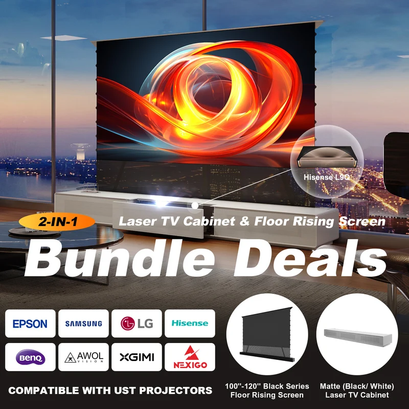 Shore UST Projector Matte Cabinet + Black Series Motorized Floor Rising Screen Bundle (Pre-Assembled)