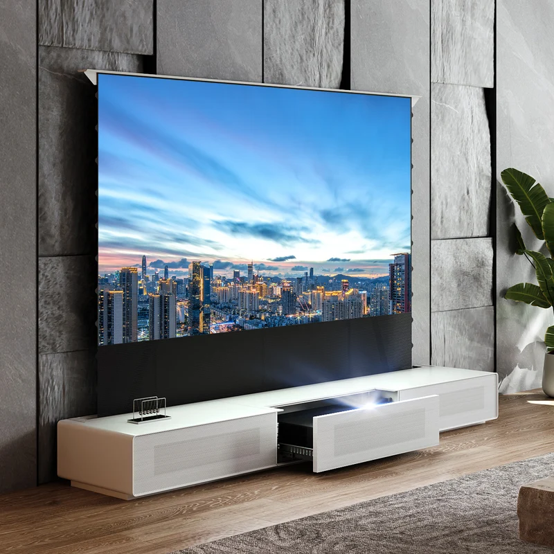 Shore UST Projector Matte Cabinet + Black Series Motorized Floor Rising Screen Bundle (Pre-Assembled)