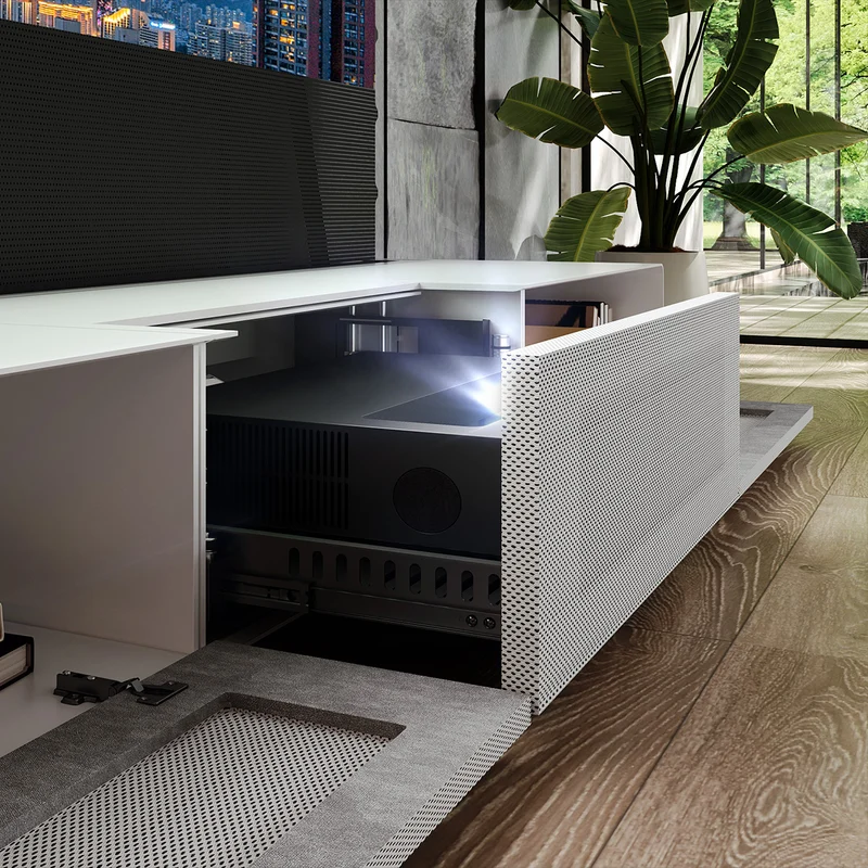 Shore UST Projector Matte Cabinet + Black Series Motorized Floor Rising Screen Bundle (Pre-Assembled)