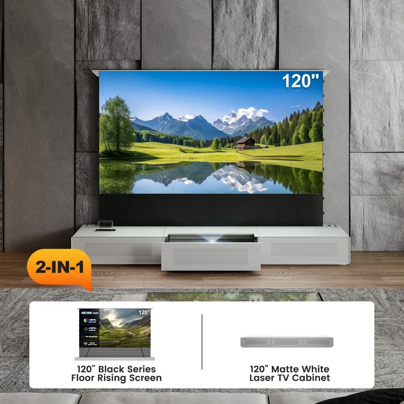 Shore UST Projector Matte Cabinet + Black Series Motorized Floor Rising Screen Bundle (Pre-Assembled)