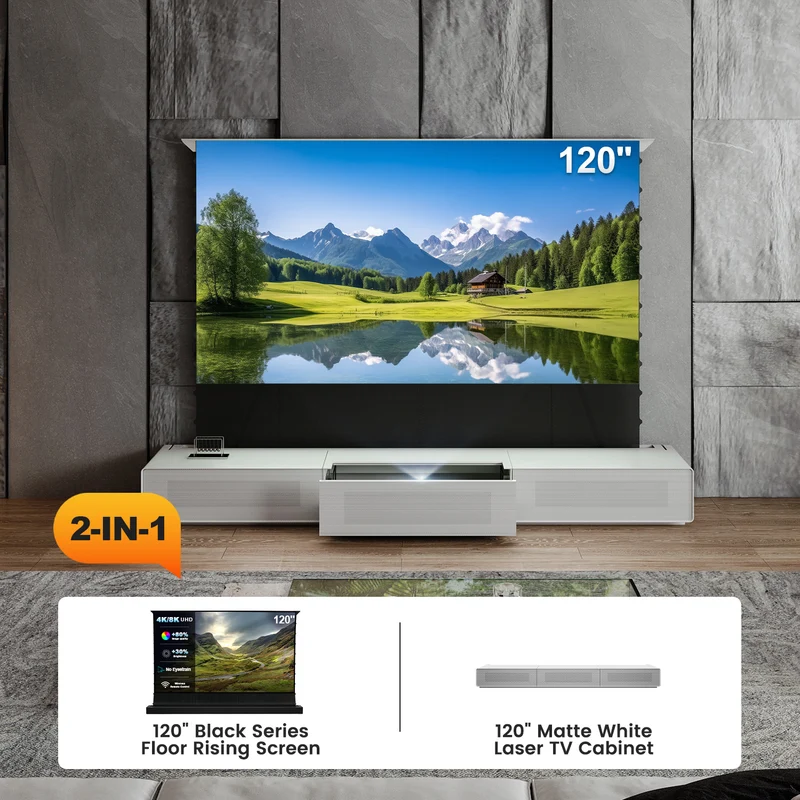 Shore UST Projector Matte Cabinet + Black Series Motorized Floor Rising Screen Bundle (Pre-Assembled)