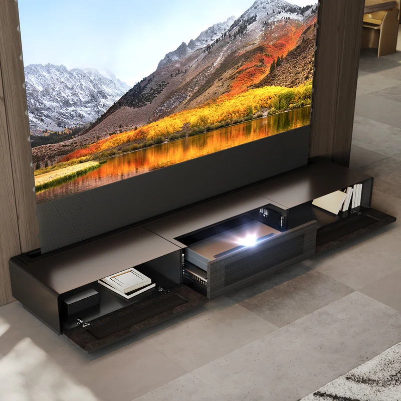 Shore UST Projector Matte Cabinet + Black Series Motorized Floor Rising Screen Bundle (Pre-Assembled)