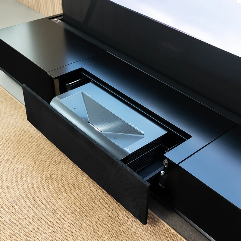 Shore UST Projector Matte Cabinet + Black Series Motorized Floor Rising Screen Bundle (Pre-Assembled)