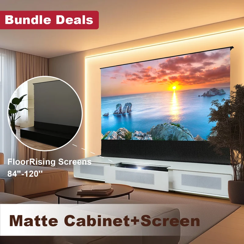 Shore UST Projector Matte Cabinet + Black Series Motorized Floor Rising Screen Bundle (Pre-Assembled)