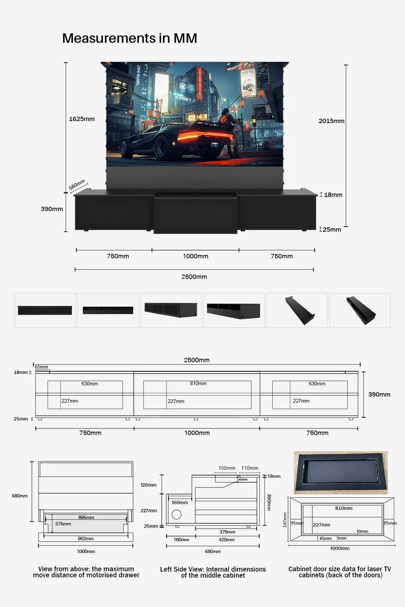 100"-120" Shore Black Motorized Laser TV Flat Pack Cabinet