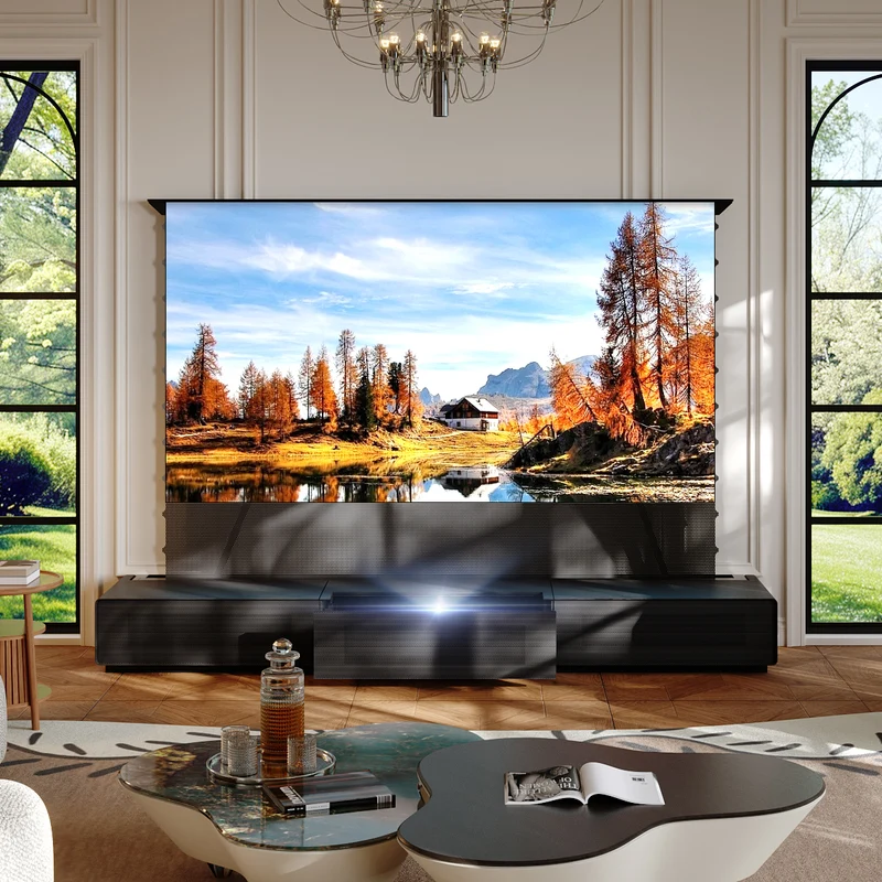 Shore Wood Grain UST Projector Cabinet + Black Series Motorized Floor Rising Screen Bundle (Cabinet Pre-Assembled）