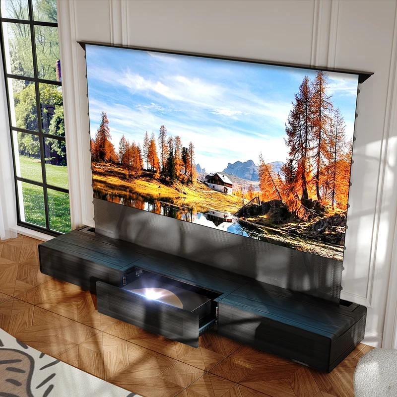 Shore Wood Grain UST Projector Cabinet + Black Series Motorized Floor Rising Screen Bundle (Cabinet Pre-Assembled）
